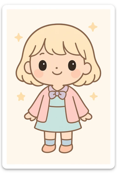 sweet character with light blonde hair, short bangs, big black eyes, small upturned nose, fashionable outfit sticker
