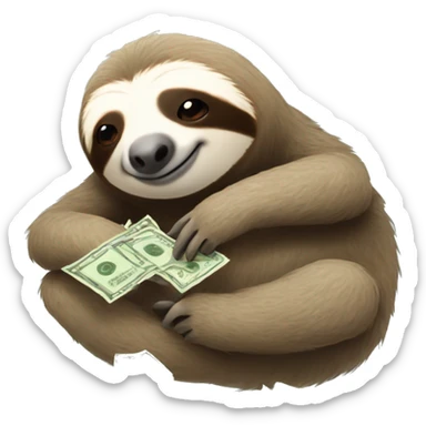 sloth laying down looking sleepy; add a phone in his hand and lots of money flying in air around him sticker