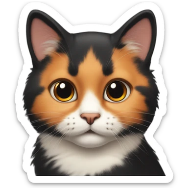 cute calico cat face with a round face and chubby cheeks, black fur on left side and orange fur on right side sticker