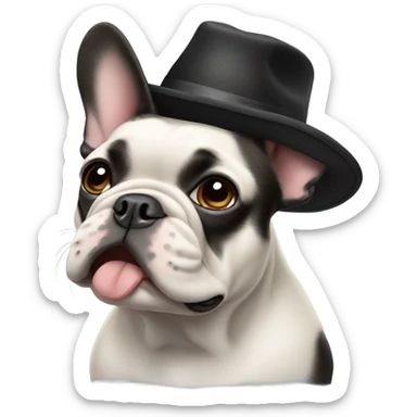 french bulldog black wearing a hat with one floppy ear sticker