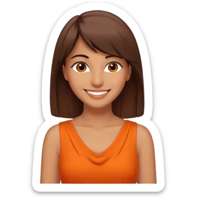 30 yr old middle eastern woman straight brown hair side bangs big smile tanned skin brown eyes orange dress sticker