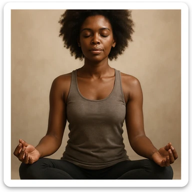 realistic style portrait of a black woman meditating, sitting in lotus position, with a soft background sticker