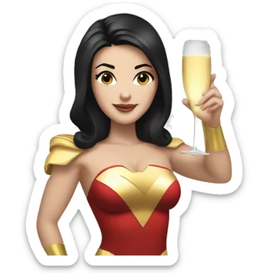 White girl in a superwoman costume with black hair holding a champagne bottle sticker