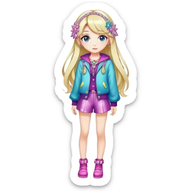 Pretty, stylish, kawaii, sparkly, lovely, shiny, accessories, anime style, character, real life, big eyes, cute, gorgeous hair, full body, stylish clothing, lady, young, romantic, colorful, detailed, cool design, aesthetic sticker