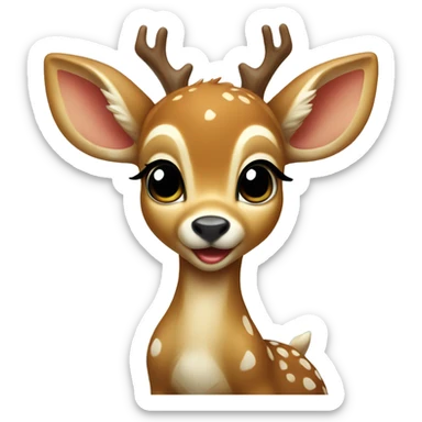 Baby deer sits and rejoices at the gift sticker
