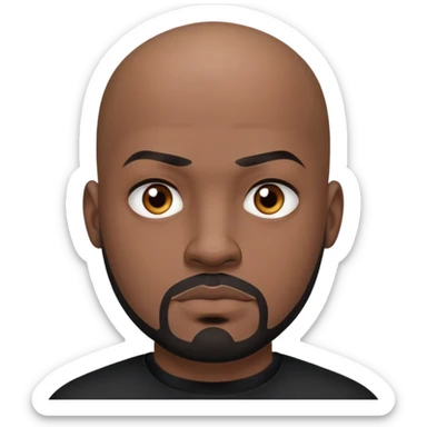 đàn ông 30 tuổi, da đen, đầu trọc, râu quai nón đen, có hình xăm trên mặt, áo đen, mặt nghiêm túc sticker