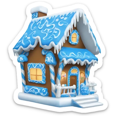 A blue and white gingerbread house sticker