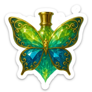 luxurious crystal butterfly-shaped bottle with short gold neck (no crown), green (#c0ff53) and blue colors, more glowing, ornaments, decorations, magical effects, golden details, premium class, transparent background, beautiful merging bottom, bottle clearly floating in the air, no base or shadow, very similar to original. sticker