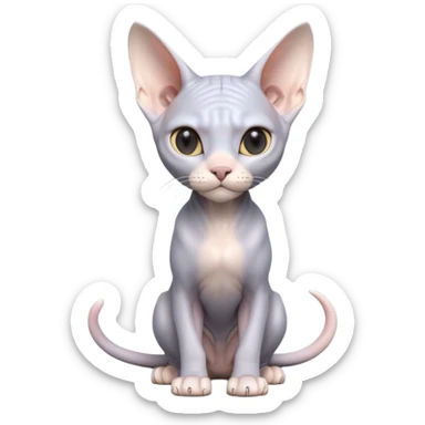 A 3D cartoon silver-gray Sphynx cat with smooth skin, gentle expression, elegant pastel lighting, cinematic Memoji rendering. full body or half body. sticker