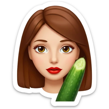 brownhaired woman with red lips and cucumber on eyes sticker
