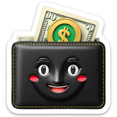Rich emoji style black leather wallet with dollar bills, luxury money vibe, premium 3D emoji, ultra clean, high detail, no background sticker