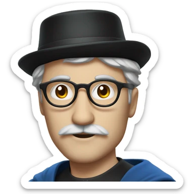 man with white skin, black longer hair, mustache, glasses, with a magic hat, ravenclaw sticker