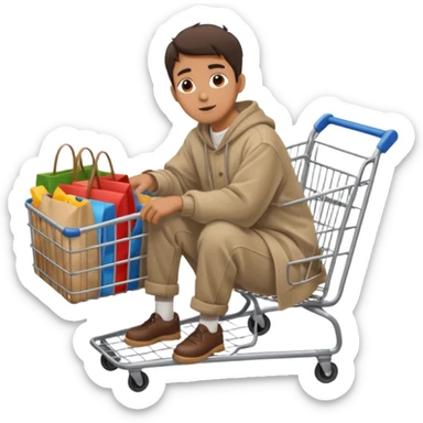 A man in oversized second-hand clothes, sitting beside a shopping cart of items, looking around with soft hopeful eyes.
 sticker