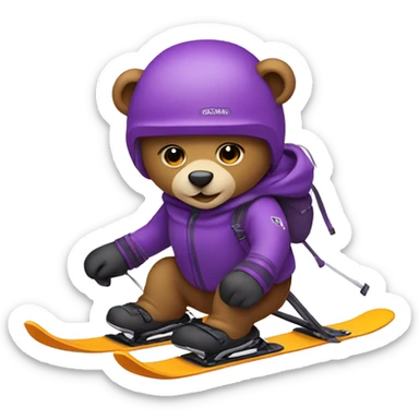 Teddy bear skiing with purple skis front position sticker