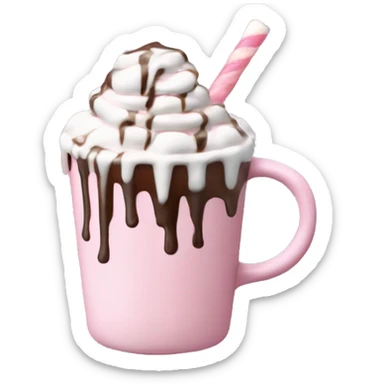 hot chocolate with mug and whip cream and chocolate drizzle and pale pink strawberry and marshmellows sticker