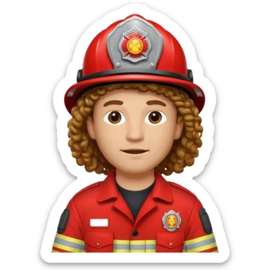 Firefighter man curly long hair with red uniform sticker
