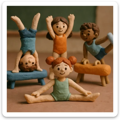 Kids doing gymnastics, matte, plasticine claymation with visible fingerprints and pastel colors. sticker