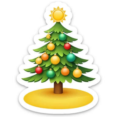 A bright sun next to a decorated Christmas tree, symbolizing summer party and Christmas celebration. Minimal details, flat colors, rounded shapes. sticker