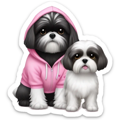 one very cute black and white  shih tzu girl and one white  girl maltaise dog wearing a pink hoodie with hearts sticker