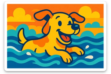 a dog swimming, vibrant cartoon style sticker