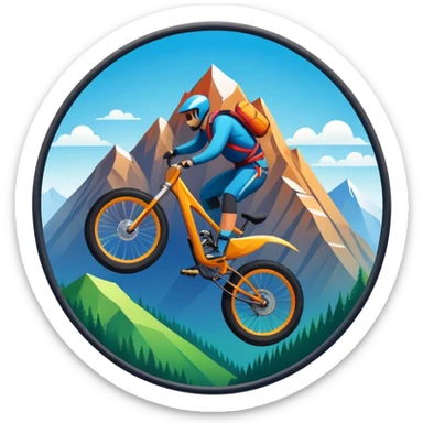 A bold, dynamic emblem combining elements of extreme sports like a mountain, a bike, and a parachute, all within a circular or shield-like shape. The design conveys speed, adventure, and adrenaline, with sharp lines and vibrant colors representing the thrill and intensity of extreme sports. sticker