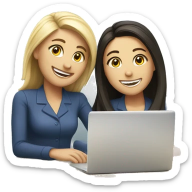Two Caucasian girls laughing at work desk  sticker