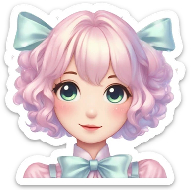 Gorgeous pastel anime style lady with blushing face with sparkly bow tie idol model cottagecore fairycore pastelcore shiny colorful pearly petite simplistic aesthetic trending style sticker