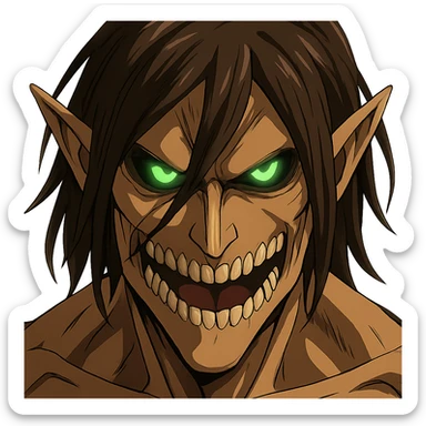 Eren Jaeger Titan form, close-up face, glowing green eyes, fierce, anime style sticker