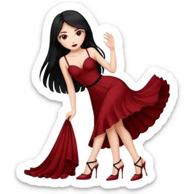 Chica blanca ,ojos marrones, vestido granate muy largo sexy tirantes caidos,  cuerpo entero pelo negro y largo zapatos negros tacon sticker