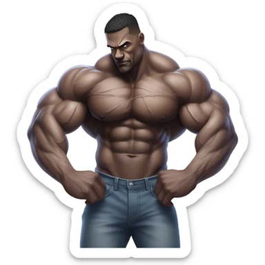 A hyper-muscular man with veins prominently visible across his massive arms and chest, his exaggerated physique dominating the image as he crosses his arms over a well-defined six-pack, creating an extra surreal and intense visual. sticker