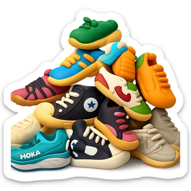 Transform the pile of mixed sneakers into a playful and vibrant 3D emoji style that is polished and less cartoonish. The style should resemble Microsoft style 3D fluent emojis with a transparent background. sticker