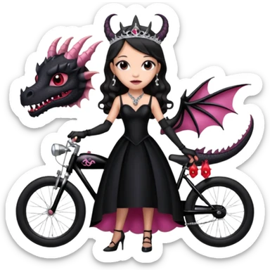  black evening gown with see-through gloves, Jenna Ortega as Addams woman prom queen wearing a mini tiara, very large blood  pink evil-looking horned old dragon bike sticker