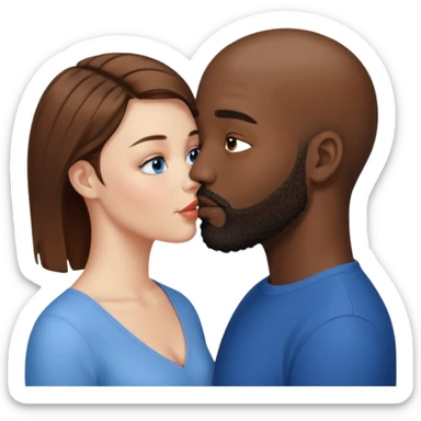 There is a white woman with short brown hair and blue eyes and a black man with no hair and a beard. The woman is giving a kiss to the forehead of the man sticker