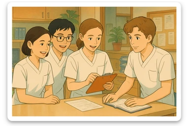 Quatre étudiants infirmiers en pleine collaboration et interaction dans un poste de soin, ambiance d'équipe chaleureuse, style Ghibli. Tous portent des uniformes blancs à manches courtes, hauts de type tunique médicale avec col en V et poche poitrine à gauche, pas de pied de col, pas de stéthoscopes, rien ne dépasse des manches. Les visages s'inspirent des quatre photos fournies. sticker