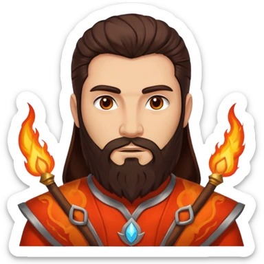 Vulcan, Fire God from Rome Mythology with long dark brown hair and beard, orange and red outfit, light tan skin sticker