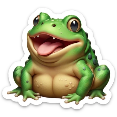 Cinematic Cute Yawning Toad Portrait Emoji, Head tilted slightly with a dramatic, wide-open yawn, showcasing a stout, textured body with drooping, warty features and sleepy, half-closed eyes, Simplified yet irresistibly adorable features, highly detailed, glowing with a soft, cozy woodland glow, high shine, relaxed yet expressive, stylized with a dash of whimsical amphibian charm, soft glowing outline, capturing the essence of a drowsy yet affectionate toad that appears ready to stretch out for a nap! sticker