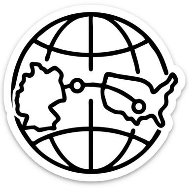 VPN globe icon showing a connection from Germany to the USA, outlined style, no text, suitable for Instagram Reel sticker