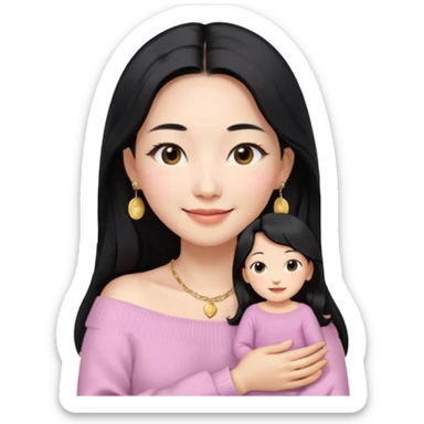 South Korean girl in her mid-thirties with long black hair and a middle part. She is wearing a baby pink, off the shoulder long sleeve knit sweater. She has small gold earrings and a gold necklace. She has brown eyes with narrow, mono lid shape and smiling with lips together sticker