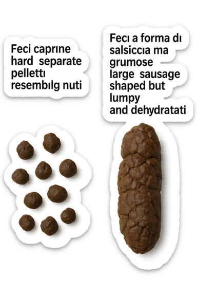 immagine di due tipi di feci iperrealistiche viste dall'alto con descrizione:
Tipo 1 – Feci caprine
Palline dure, separate, simili a noci

Tipo 2 – Feci a forma di salsiccia ma grumose
Massicce e disidratate.
 sticker