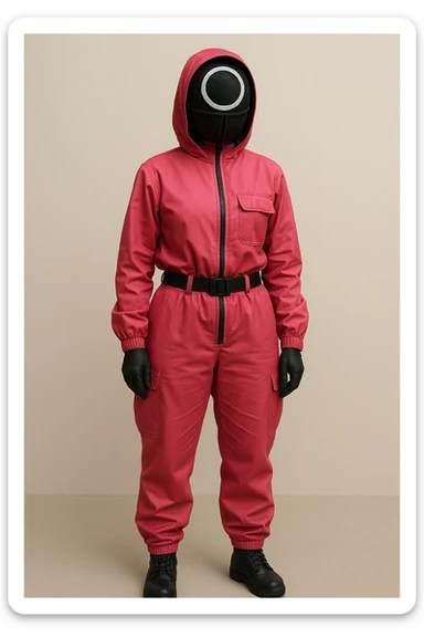 Squid Game woman character in pink guard uniform with mask, standing pose, simple background sticker