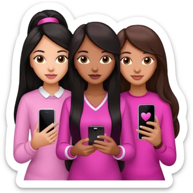 3 brown girl friends with a phone on their hand, one with black long hair, one with brown hair long and the other one with black with brown hair. Wearing pink glammed up  sticker