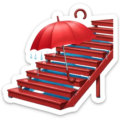 Red umbrella on stair railing, Lost Umbrellas. sticker