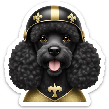 Black poodle wearing a gold football helmet with black stripe and gold fleur de lis emblem sticker