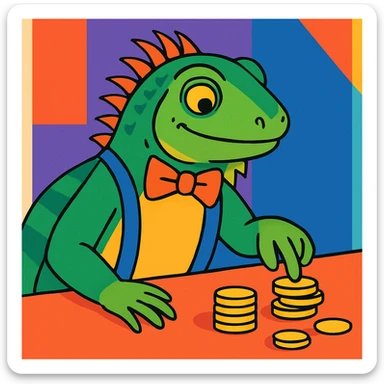 an iguana with a bow tie and suspenders, counting coins, in a colorful, modern illustration style sticker