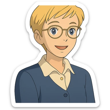 ghibli style blonde teacher with pixie haircut, gold glasses, blue eyes, big eyelashes, nice smile sticker