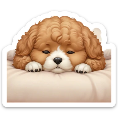 Cinematic Chubby Sleeping Cavoodle Portrait Emoji, Chubby and serene, with a round, cuddly build and a soft, curly apricot coat with subtle white patches, eyes gently closed in peaceful slumber, Simplified yet irresistibly endearing features, highly detailed, glowing with a gentle, dreamy glow, high shine, relaxed and content, stylized with a touch of whimsy, bright and heartwarming, soft glowing outline, capturing the essence of a blissfully sleepy companion, so comically serene it feels like it could roll out of the screen and snore with adorable charm! sticker