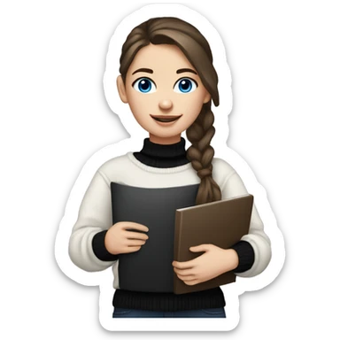 caucasian white IT girl student, holding laptop, blue eyes, dark brown hair ponytail wearing a thick black sweater sticker