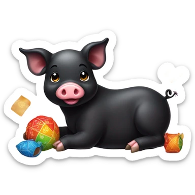 Cute baby black pig having 4 fortune pouches. sticker