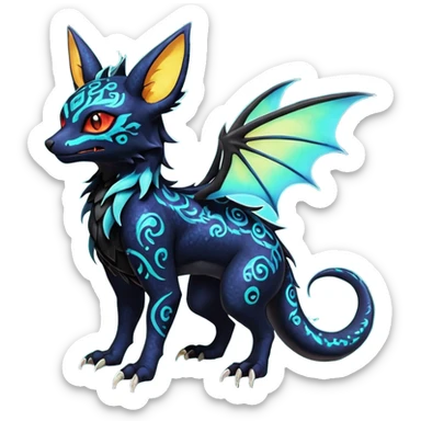 Shiny Fiery Dark Ugly Evil Realistic Glowing Eldritch Horror Cool Edgy Badass Emo Glorious Demonic Batty Dusky Ethereal Sparkly Shimmering Magical Punky Aural Iridescent Fluorescent Bioluminescent Litten-Amaura-Salandit-Noibat-Flareon-Fakémon-fusion (full body) with intricate pattern markings sticker