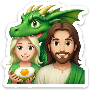 Jesus with a smile and an eye twitch next to a dragon eating eggs sticker